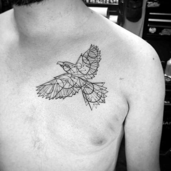 Geometrical Fine Lines Mens Eagle Upper Chest Tattoo