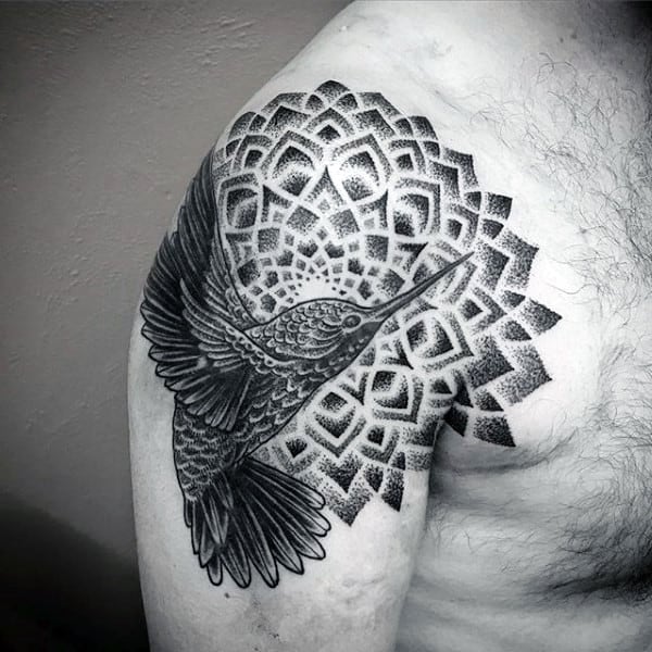 Geometrical Flower Hummingbird Mens Upper Arm Tattoos