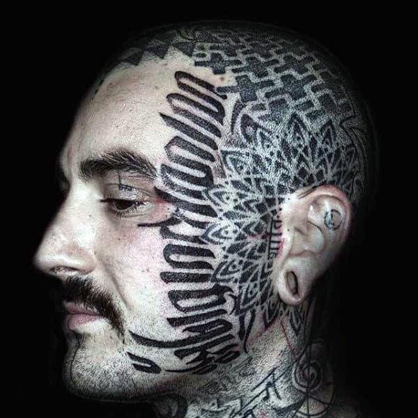 Geometrical Flower Mens Face Tattoo With Lettering Design