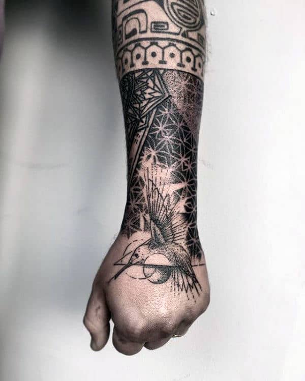 Geometrical Hummingbird Mens Hand And Wrist Tattoos