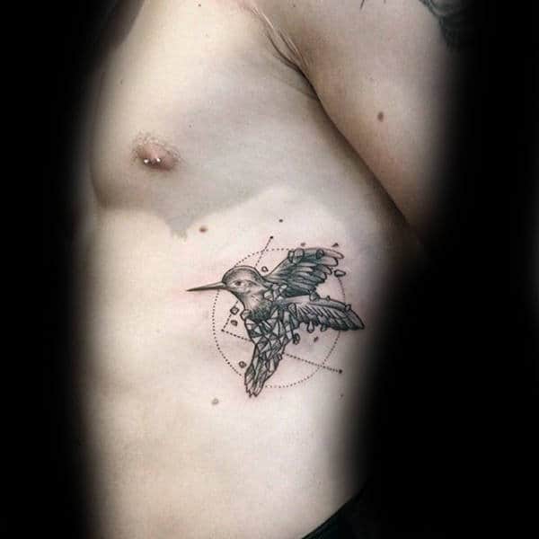 Geometrical Hummingbird Rib Cage Side Tattoo On Man