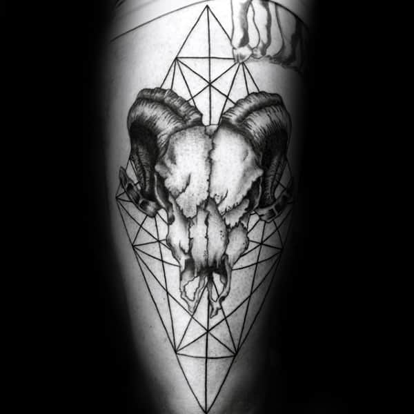 Geometrical Linework Male Goat Skull Arm Tattoos