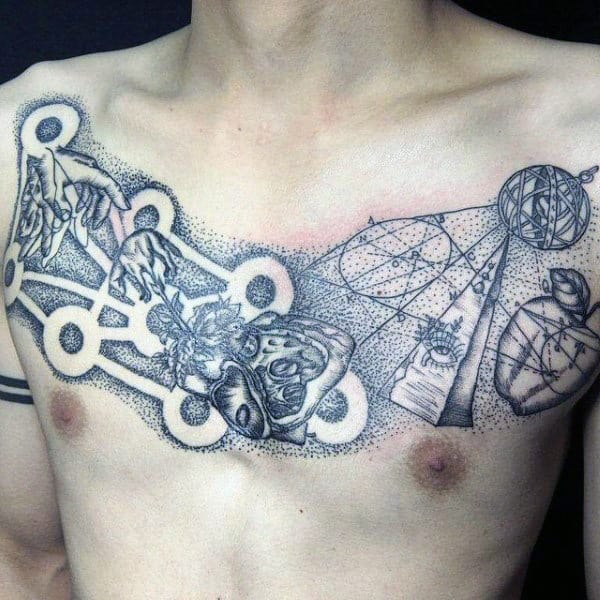 Geometrical Mens Dotwork Apple Chest Tattoos