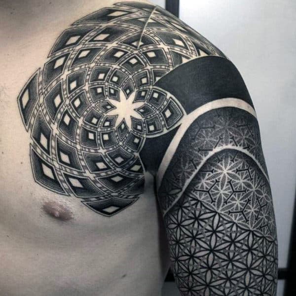 Geometrical Pattern Flower Of Life Artistic Guys Shoulder And Sleeve Tattoo