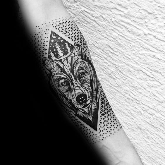 Geometrical Pattern Mens Bear Forearm Sleeve Tattoo