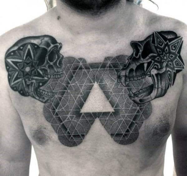 Geometrical Pattern Mens Skull Triangle Chest Tattoo