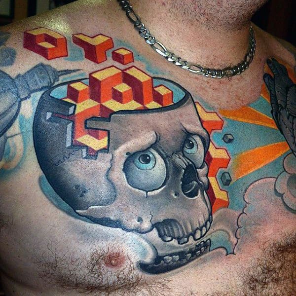 Geometrical Patterns On Skull New School Tattoo Male Chest
