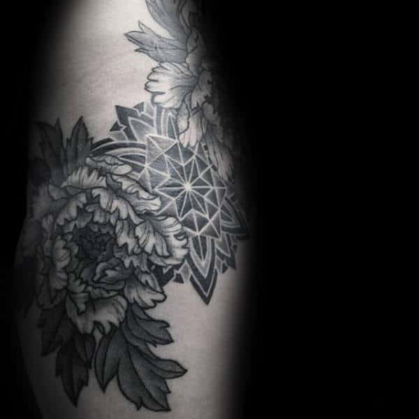 Geometrical Peony Mens Shoulder Tattoos