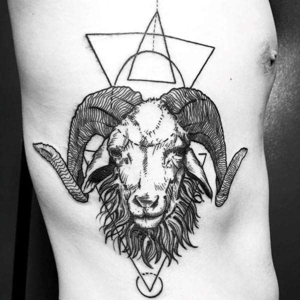 Geometrical Ram Rib Cage Side Mens Tattoos With Triangle And Circle Design
