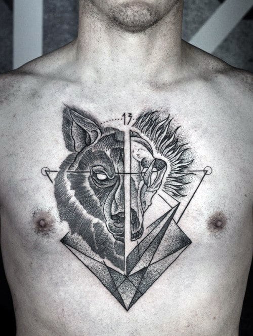 Geometrical Wolf Skull Guys Chest Tattoo With Dotwork Design