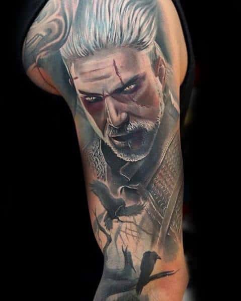 Geralt tattoo with piercing eyes, battle scars, and flowing silver hair, featuring dark crows and a misty battlefield in the background.