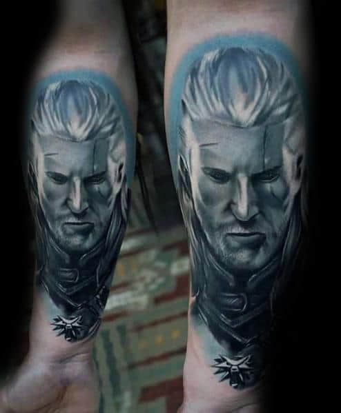 Geralt tattoo in a monochrome, ghostly style with glowing eyes, battle scars, and his iconic wolf medallion, surrounded by a misty aura.