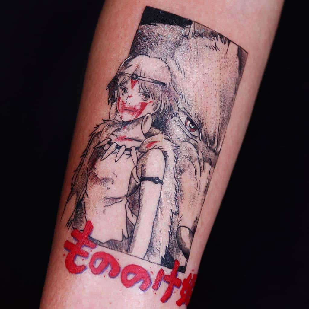 Anime-style tattoo of San with blood on her face, standing in front of Moro, framed like a film scene, with red Japanese text below.
