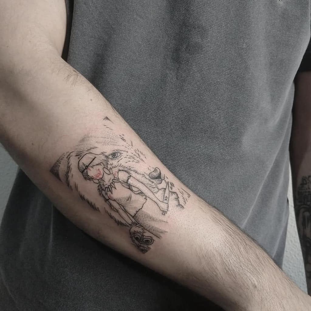 Minimalist black and grey tattoo of San standing in front of Moro, with red accents on her mask and face paint, placed on the forearm.