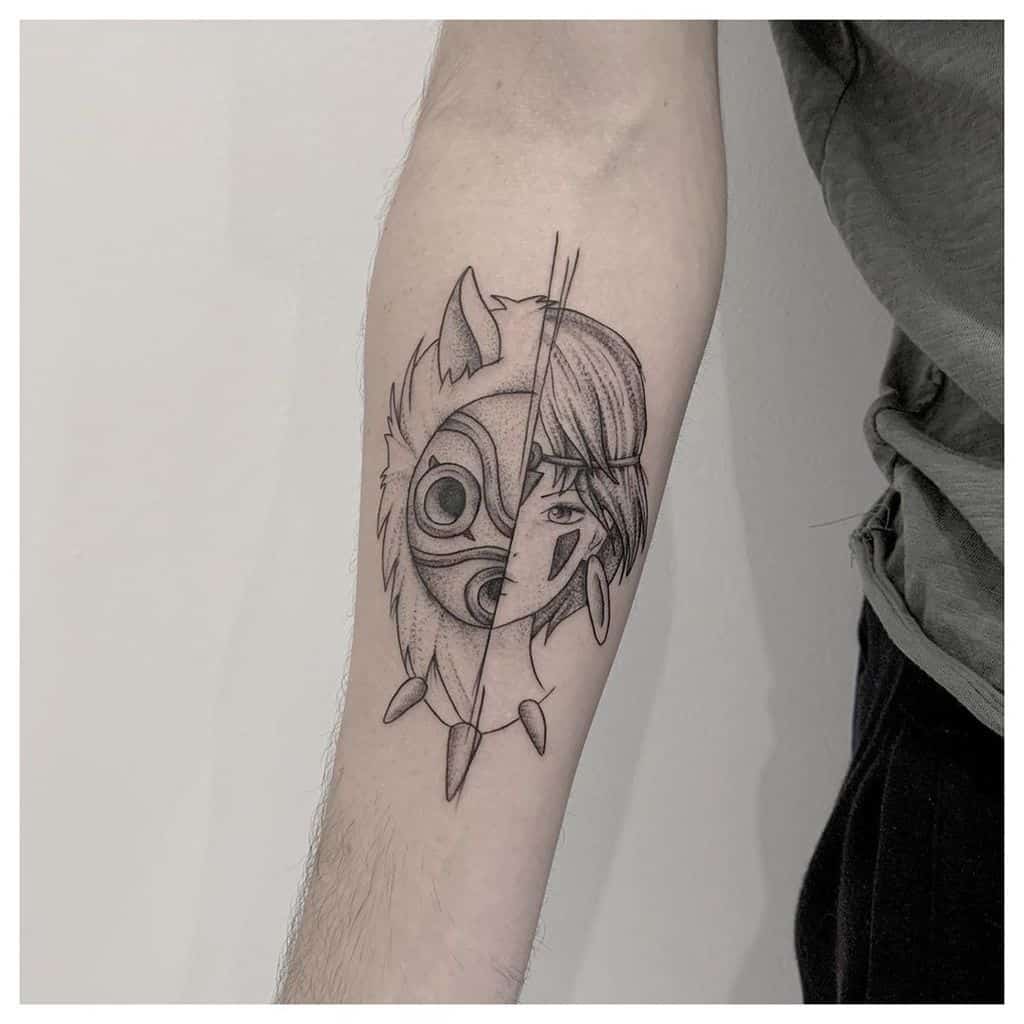 A split tattoo of a character wearing a wolf mask and a human face, each side representing the two different personas, designed with clean lines and minimalist details. The tattoo features a sharp vertical line cutting through the center of the mask and face, emphasizing the dual nature of the character.