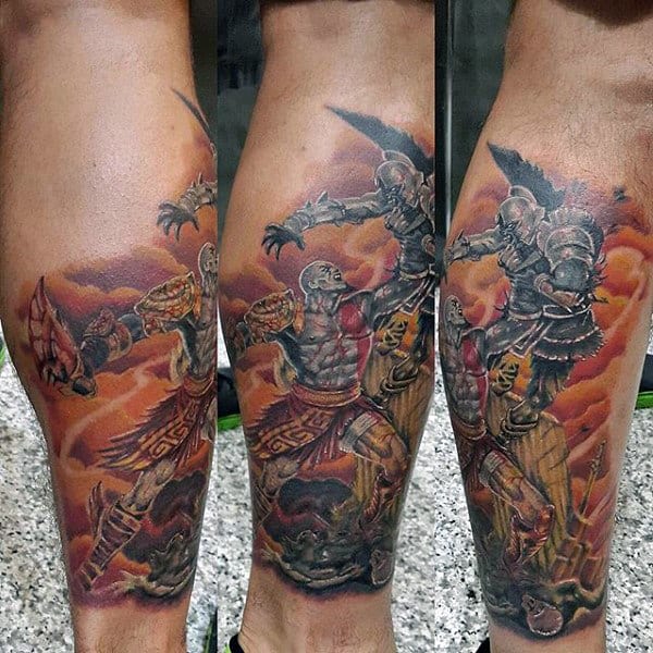 Ghost Of Sparta Mens Kratos Lower Leg Sleeve Tattoo