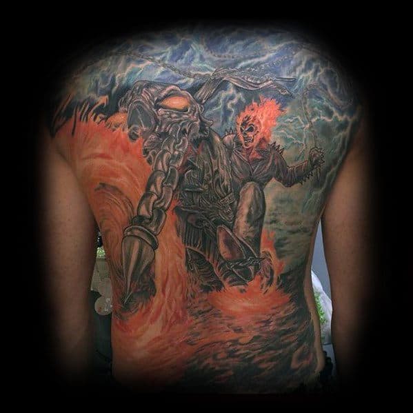 Epic full back Ghost Rider tattoo with a flaming skull, massive chain, fiery motorcycle, and stormy sky background in dramatic detail.