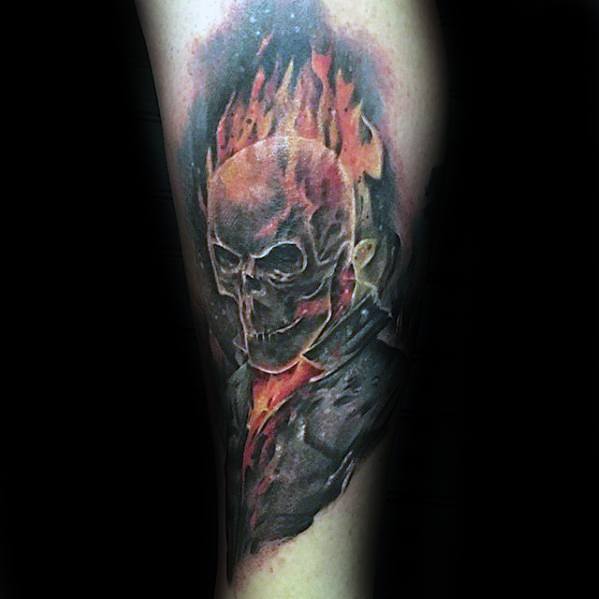 Ghost Rider tattoo with a fiery skull, glowing red flames, and dark leather jacket, capturing a fierce and intense expression.