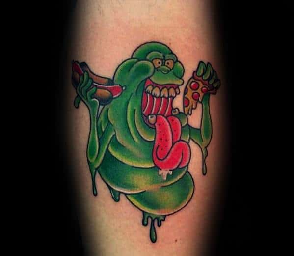 Ghostbusters Pizza And Hotdog Leg Calf Tattoo On Men