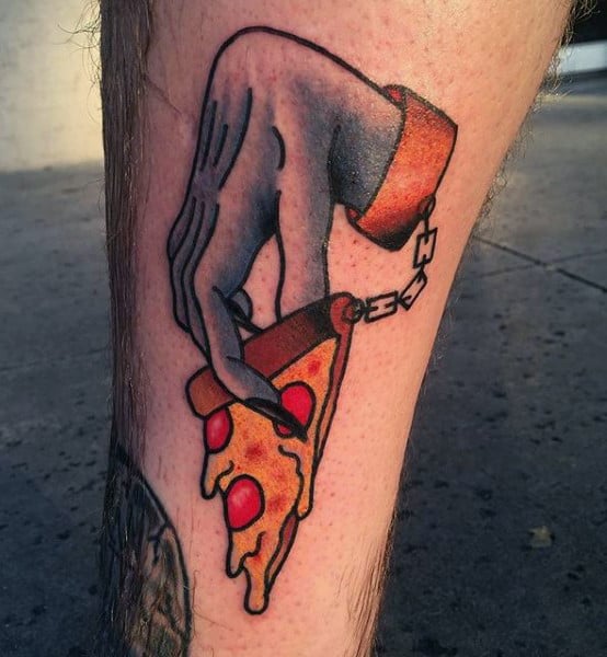 Ghostly Hand Clutching Pizza Tattoo Male Legs
