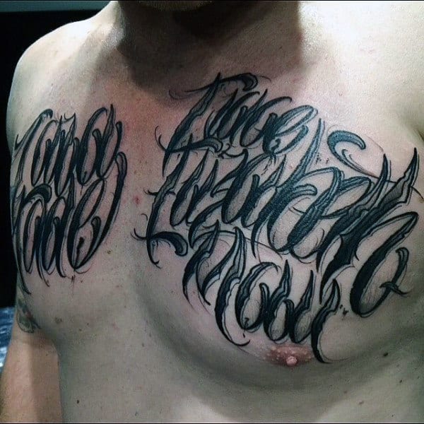 Ghostly Script Lettering Tattoo Male Chest