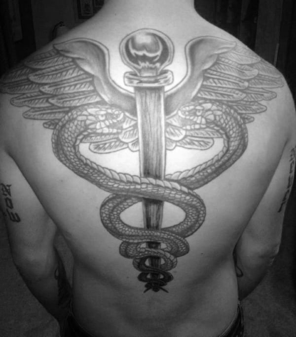 Giant Caduceus Mens Back Tattoo Ideas