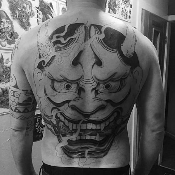 Giant Hannya Japanese Demon Mask Male Back Tattoo