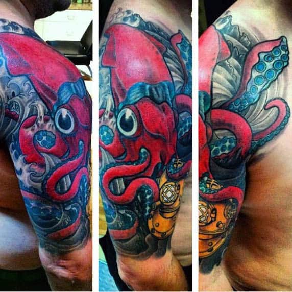 Giant Red Squid Mens Tattoo With Gold Divers Helmet On Arm