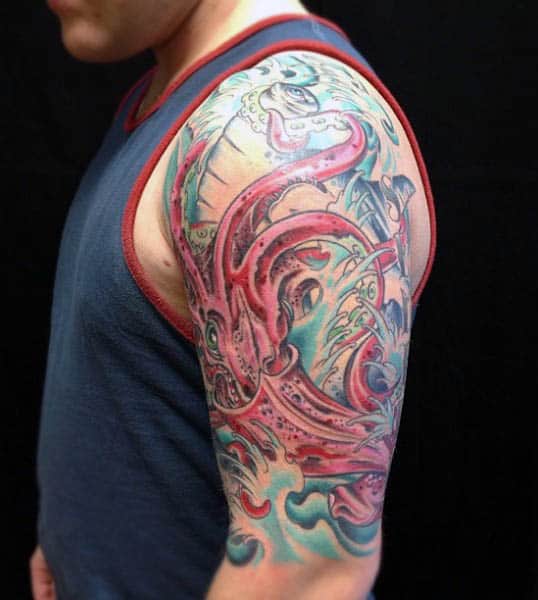 Giant Squid Ocean Waves Tattoo For Guys On Arm