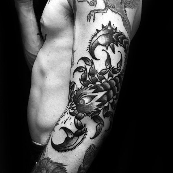 Giant Traditional Scorpion Guys Outer Arm Tattoos