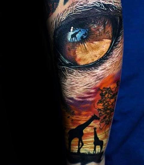 Giraffe Eye Realistic 3d Mens Sleeve Tattoo On Arm