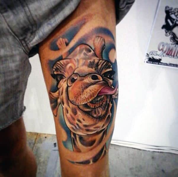 Giraffe With Tounge Sticking Out Mens Thigh Tattoos