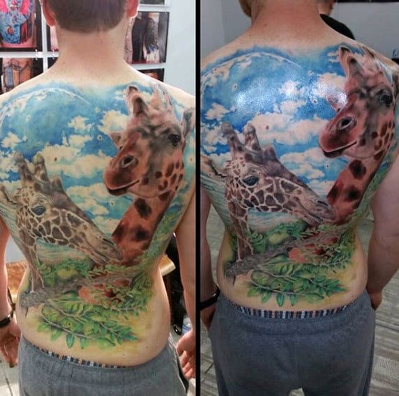 Giraffes In Tree Mens Full Back Tattoo