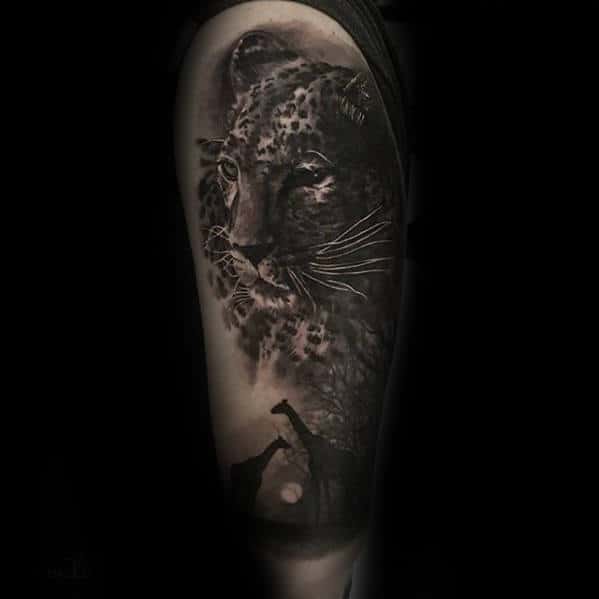 Giraffes With Lepoard Africa Mens Half Sleeve Tattoo With 3d Design