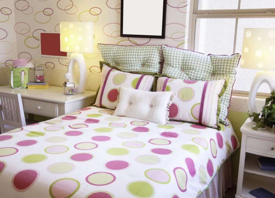 colorful bedroom white desk and bedside table