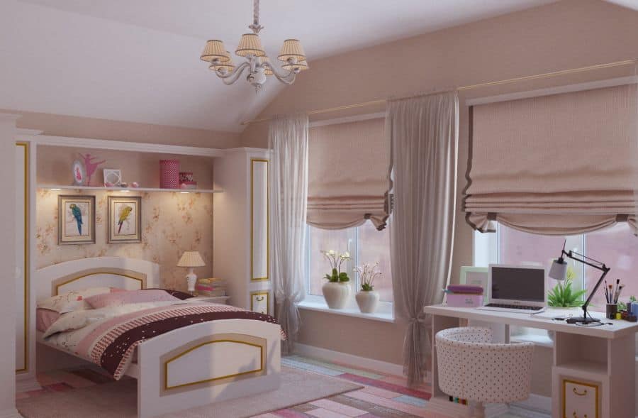 pink upstairs girls bedroom white desk and chair small bed