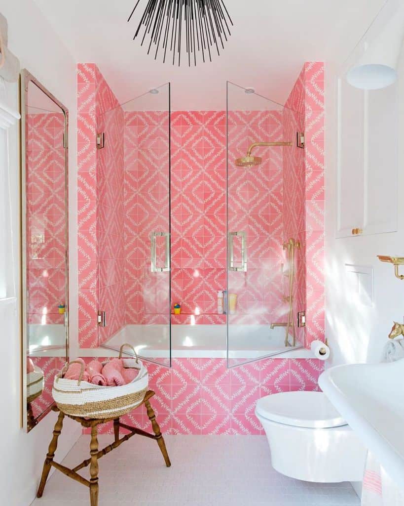 pink tile design bathroom shower gold accents