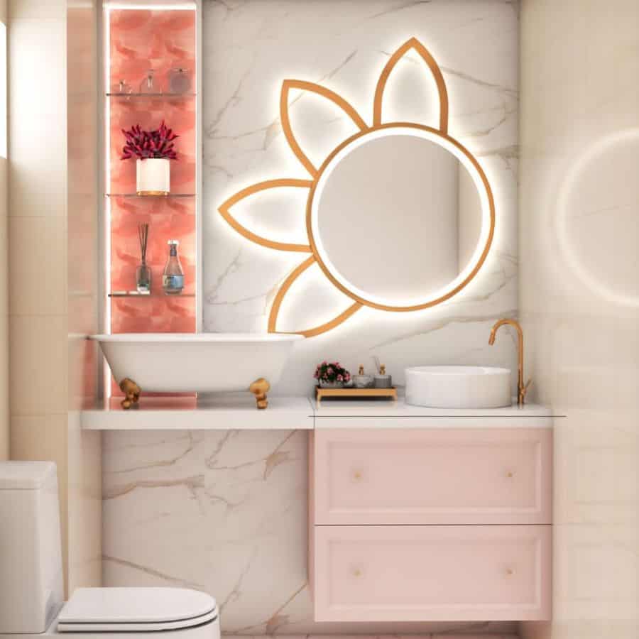 marble wall pink cabinets abstract flower mirror bathroom