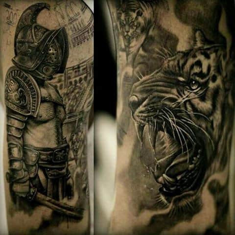 Detailed tattoos of a fierce gladiator clutching a sword, accompanied by a roaring tiger