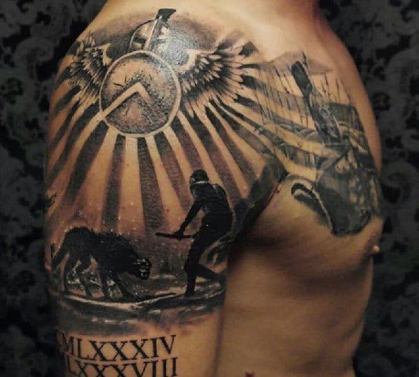 Arm tattoos featuring a winged clock, a gladiator warrior alongside a wolf, and Roman numerals on the biceps