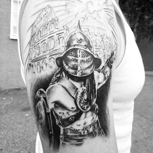 Tattoo of a fierce gladiator in detailed armor with an intricate Colosseum background, beautifully inked on a person's upper arm