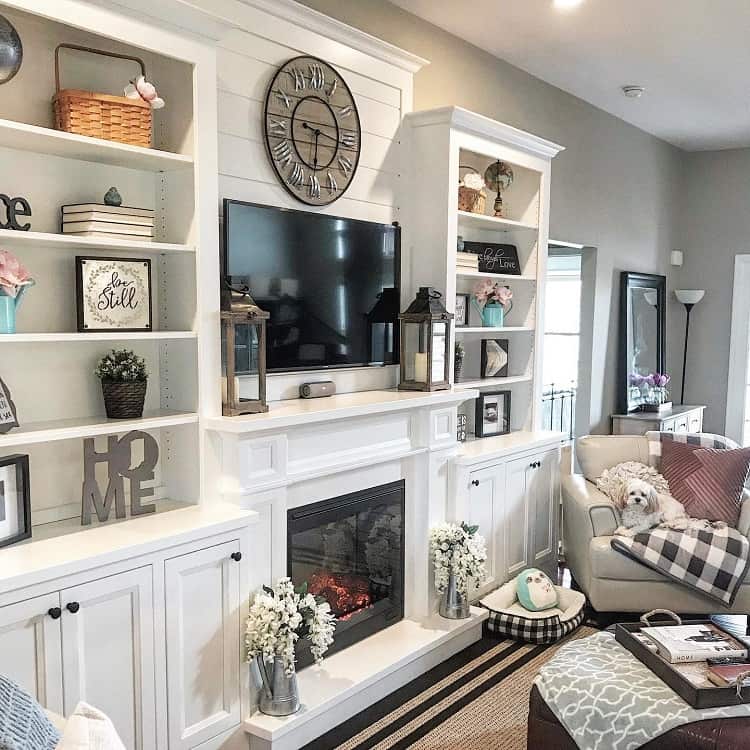 country style living room white fireplace shelves wall mounted tv