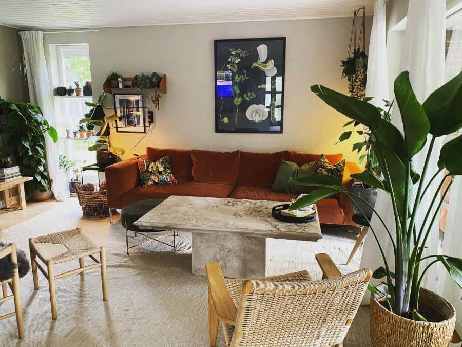 Cozy living room with a brown sofa, plants, a stone table, and wicker chairs; wall art and bookshelves complete the decor