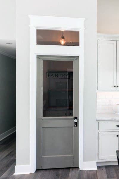 Frosted glass pantry door with white trim in a modern kitchen.