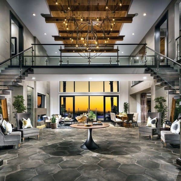 glass panels with metal handrail stair railing ideas