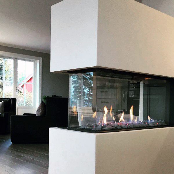 Corner gas fireplace with glass panels and a clean white surround.