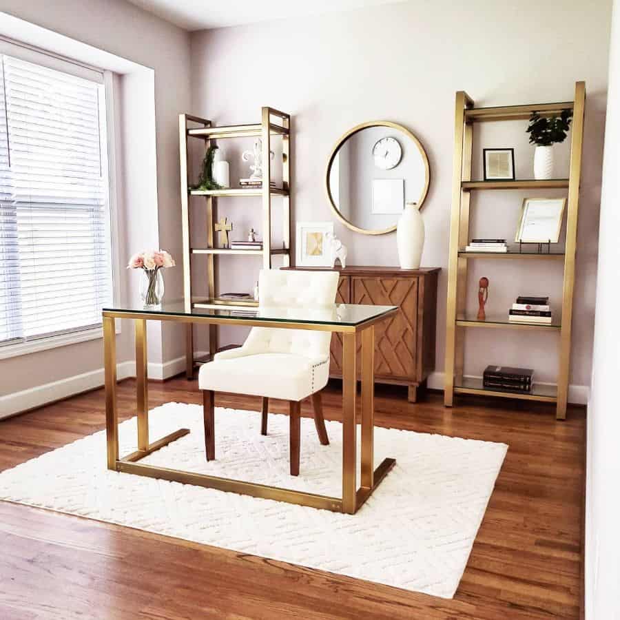 glass home office desk gold accents white floor rug white chair 