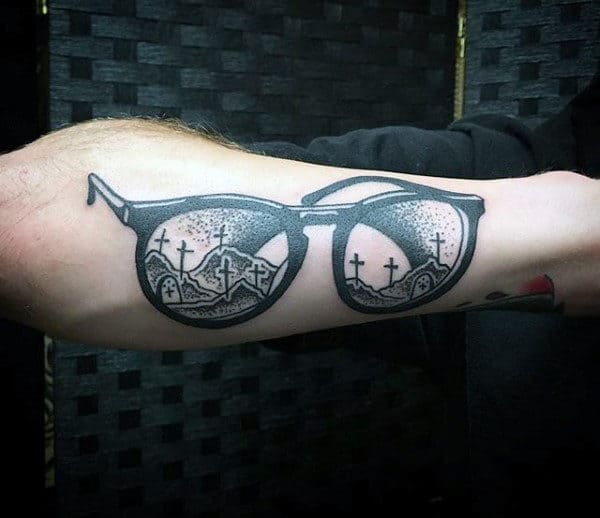 Glasses With Graveyard Mens Outer Forearm Tattoo