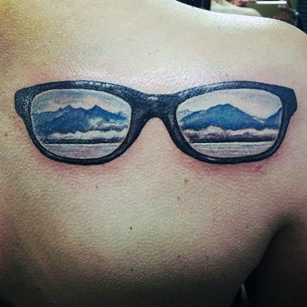 Glasses With Mountain Landscape Reflection Mens Back Tattoo