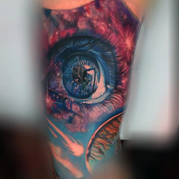 Glassy Blue Eyes Inside Universe Tattoo On Arms For Guys